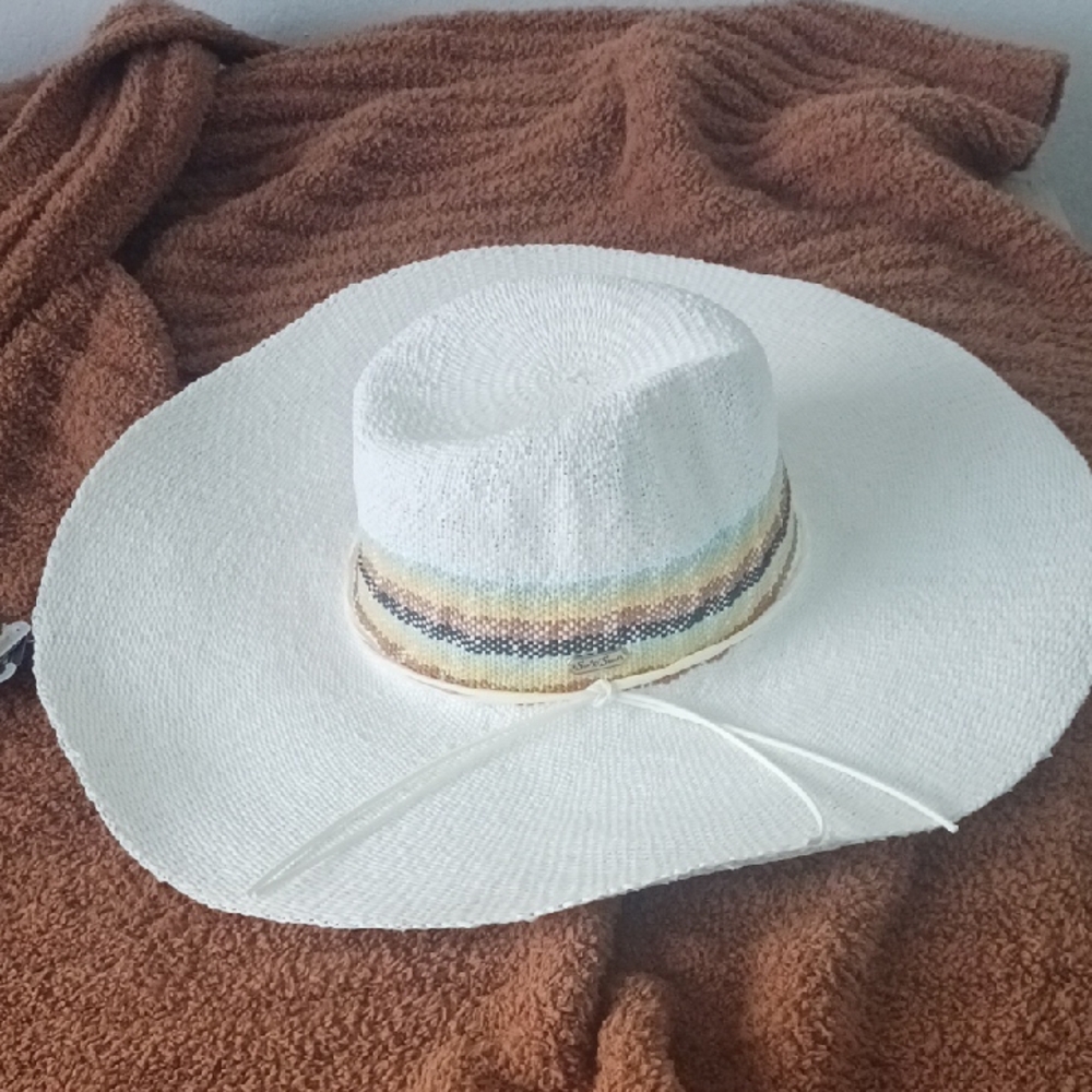 White Wide Brim Hat with Multicolor Band